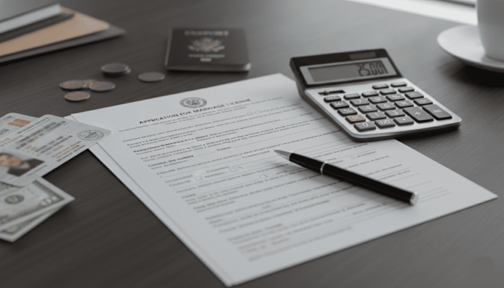 marriage license application paperwork on a wooden desk, calculator, identification documents partially visible, pen