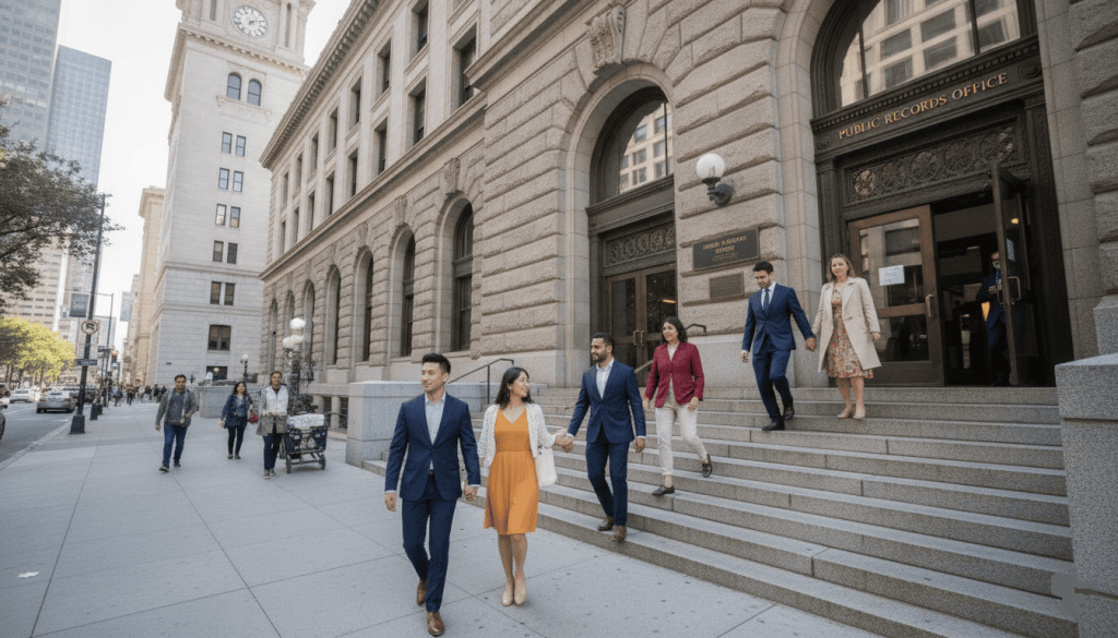 city hall exterior on a weekday morning, couples entering public records office, civic architecture, everyday administrative atmosphere