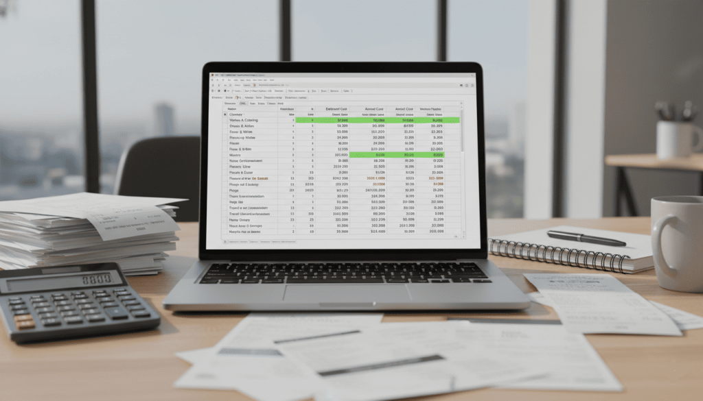 wedding cost breakdown spreadsheet displayed on laptop screen, calculator, invoices and financial notes nearby