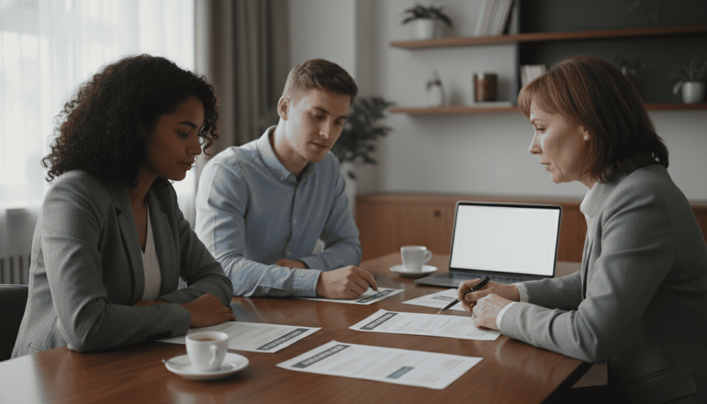 Couple meeting with wedding venue manager to discuss pricing and packages