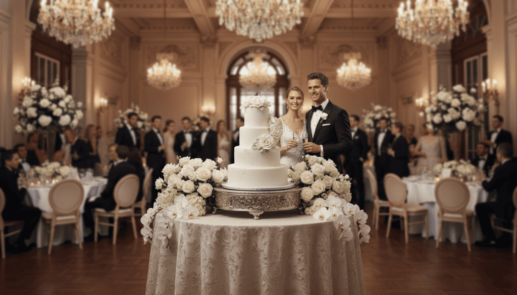 wedding reception featuring an elegant multi-tier wedding cake on display, floral decorations, guests in background