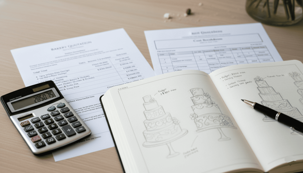 wedding cake pricing documents, bakery quotation, calculator, wedding planning notebook, cake design sketches, budgeting concept