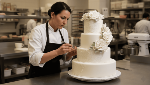 pastry chef decorating a multi-tier wedding cake in a professional bakery, detailed craftsmanship, realistic kitchen environment, wedding cake preparation