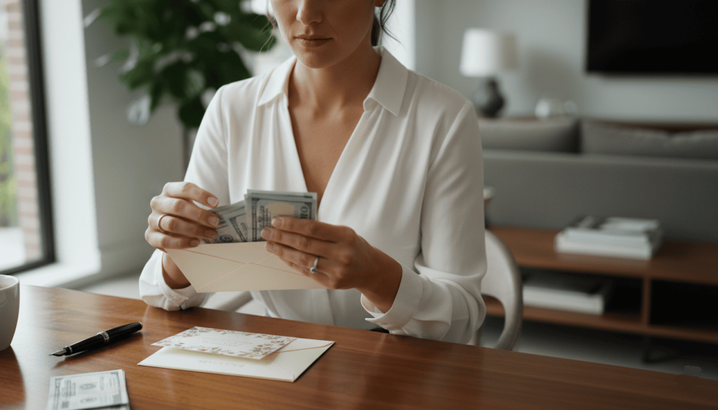 wedding guest sitting at a dining table at home, carefully preparing a wedding gift envelope, counting cash and placing a handwritten greeting card inside an elegant cream-colored envelope