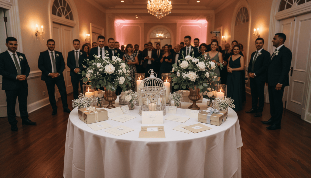 wedding reception venue, elegant gift table near the entrance of a wedding hall, decorative wedding card box, gift envelopes, wrapped presents, floral arrangements, guests arriving in the background