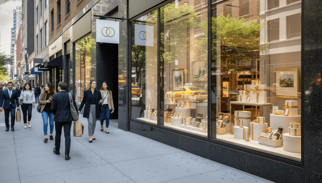 urban shopping district, storefront displaying wedding gift ideas and elegant gift boxes, pedestrians walking along the sidewalk, modern city environment