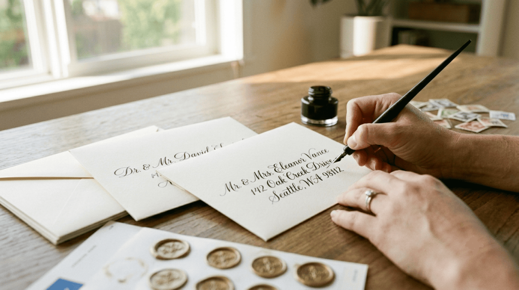 Close-up of elegant wedding invitation envelopes being addressed by hand with calligraphy pen