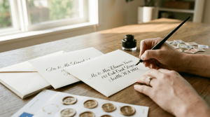 Close-up of elegant wedding invitation envelopes being addressed by hand with calligraphy pen