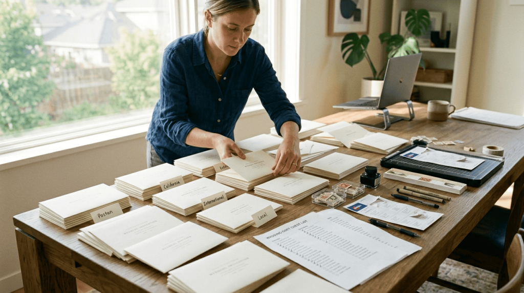 person sorting addressed wedding invitations into organized stacks on a large table, envelopes, guest lists and stationery supplies