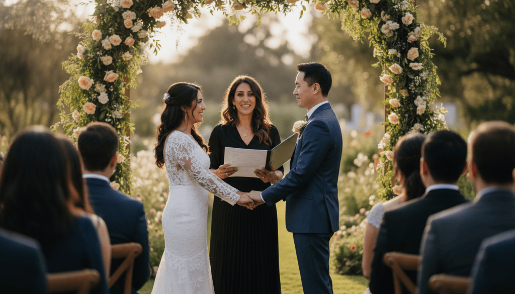 female officiant in her early 40s with long wavy dark hair leading a marriage ceremony outdoors, holding realistic officiant documents and ceremony notes, couple standing in front of her
