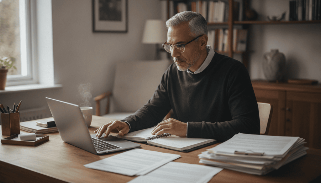 55-year-old mixed-race man with short gray hair and glasses studying wedding officiant training materials on a laptop at home, organized workspace with notebooks, printed documents, and coffee mug