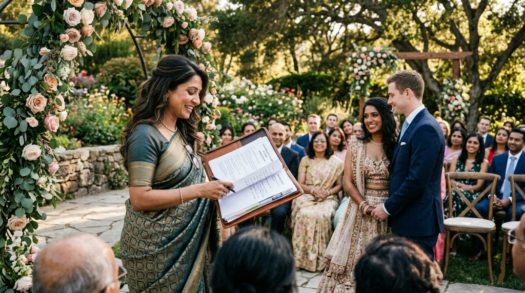 South Asian female officiant in her early 40s with long wavy dark hair leading a marriage ceremony outdoors, holding realistic officiant documents and ceremony notes
