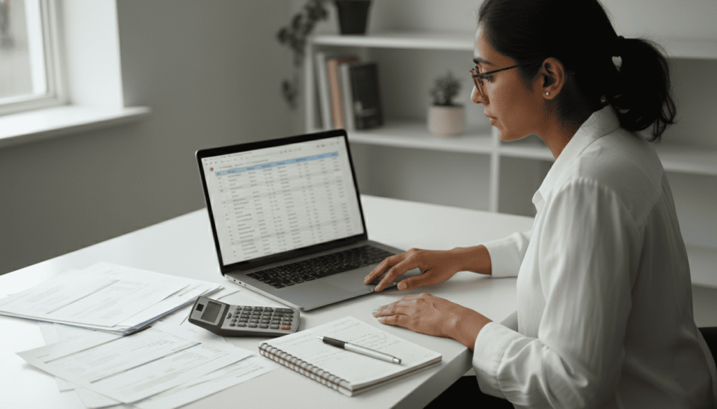 woman reviewing wedding expenses on a laptop spreadsheet, calculator, invoices and budget notes on desk, modern home office