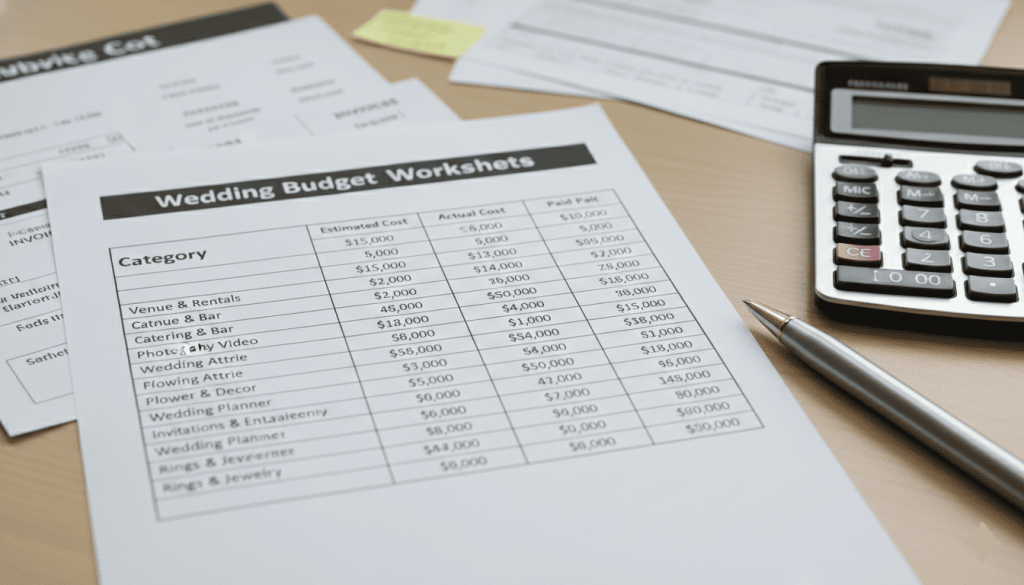 wedding budget worksheet showing categories such as venue, catering, flowers and photography, calculator and pen beside documents