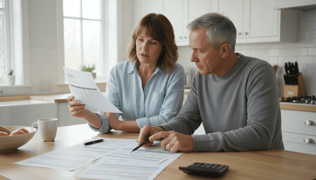 Couple discussing wedding expenses around kitchen table, reviewing printed estimates and vendor quotes, realistic middle-aged couple