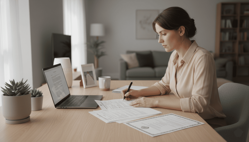 woman sitting at a home office desk reviewing official paperwork after marriage, marriage certificate beside government forms, laptop open, pen in hand, organized workspace