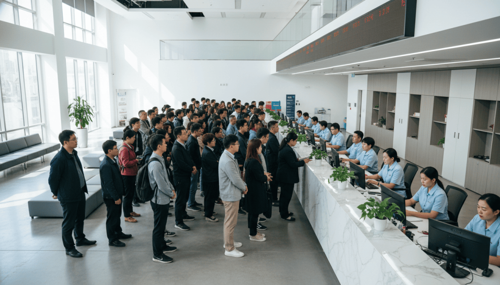 government administrative office, people waiting in line at service counters, modern public service center, ticketing system