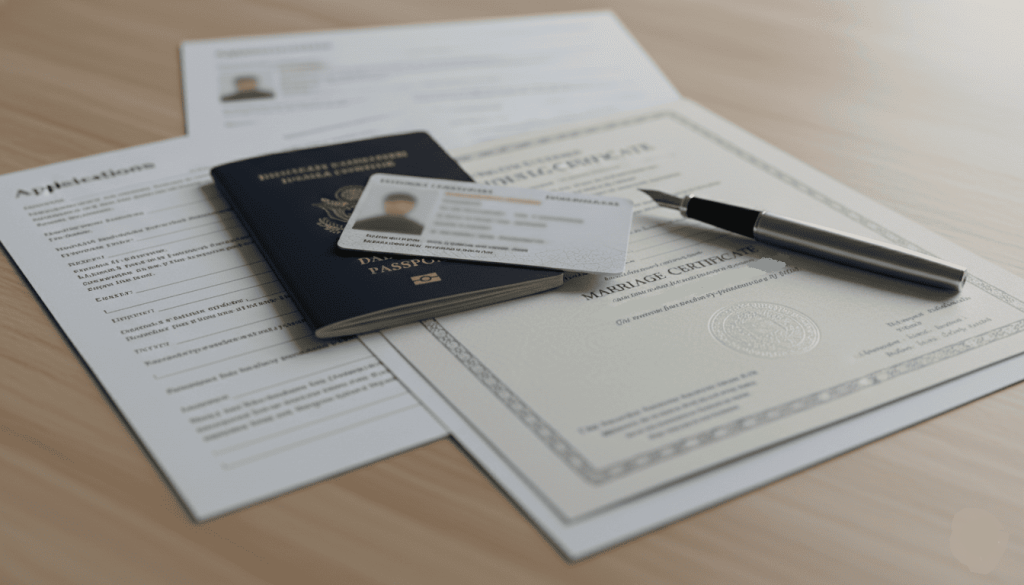 close-up of official identity documents arranged on a desk, passport, identification card, marriage certificate, application forms and pen