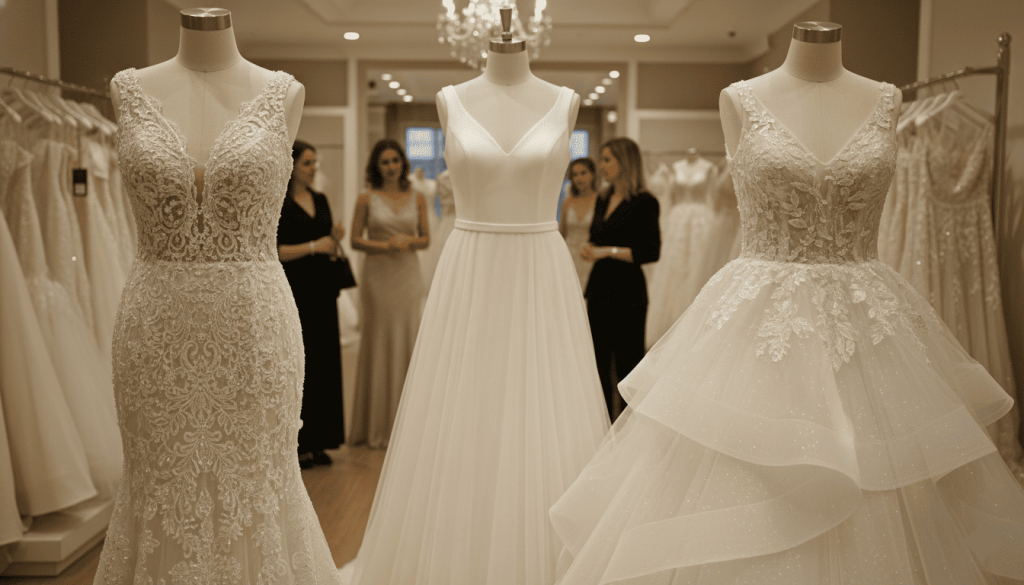 bridal showroom displaying multiple wedding dress styles on mannequins, no main character in focus, mermaid dress, A-line dress and ball gown presented side by side, elegant boutique environment, detailed fabrics, lace, satin and tulle textures visible