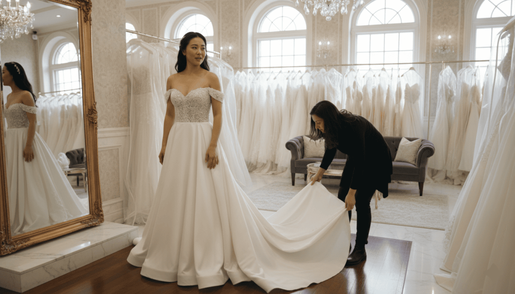 luxury wedding dress fitting in an elegant bridal boutique, young woman of East Asian descent trying on an ivory wedding gown in front of a large mirror, professional bridal consultant adjusting the dress train