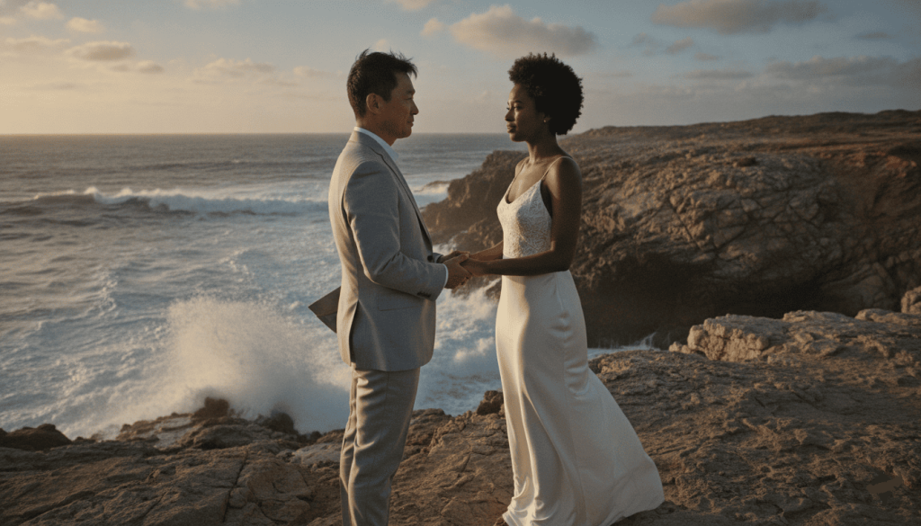 intimate elopement ceremony on a dramatic coastal cliff at sunrise, young Black woman with short natural curls wearing a minimalist ivory wedding dress, middle-aged East Asian man in a tailored light-gray suit, exchanging vows with genuine emotion
