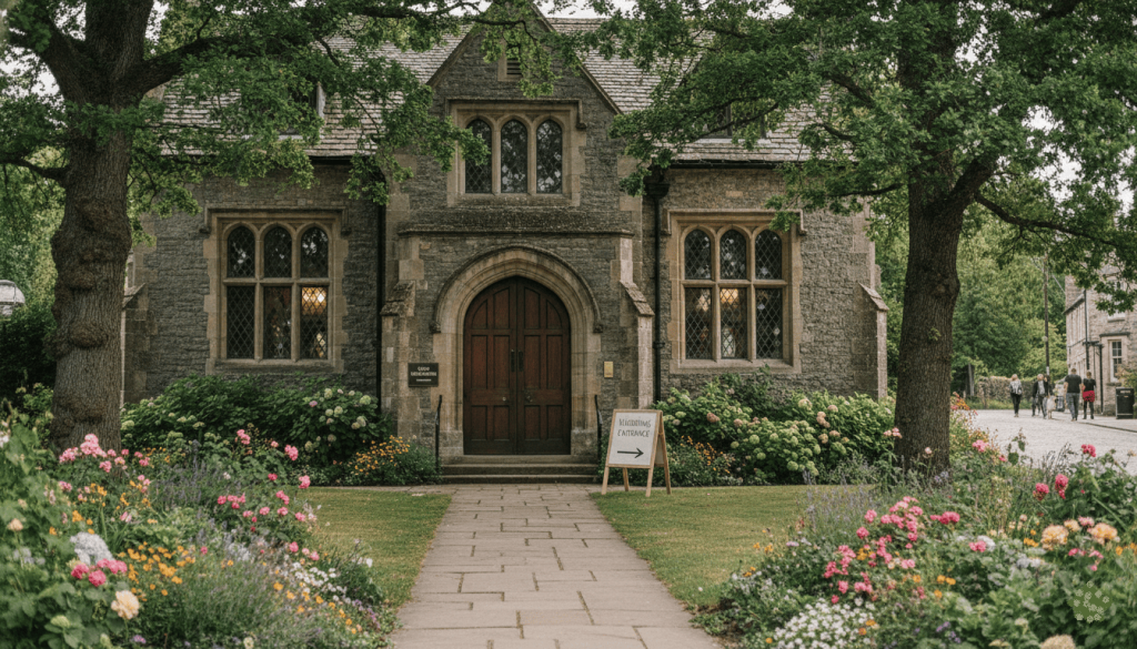 small countryside courthouse where civil weddings take place, historic stone building surrounded by trees and flower beds, subtle wedding signage near the entrance