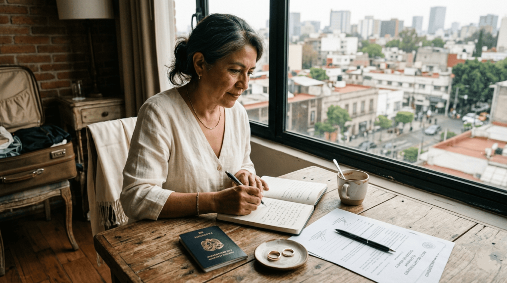 Hispanic woman in her fifties preparing for an elopement in a boutique hotel room, realistic marriage paperwork on a wooden table