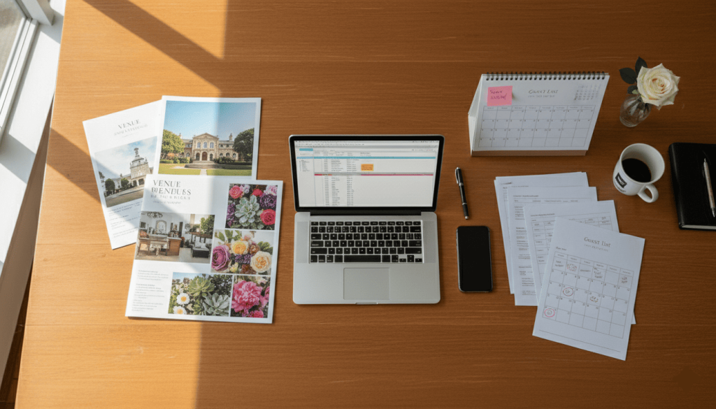 Wedding planning workspace with laptop, venue brochures, flower catalogs, guest list documents, smartphone and calendar arranged neatly on a large wooden desk