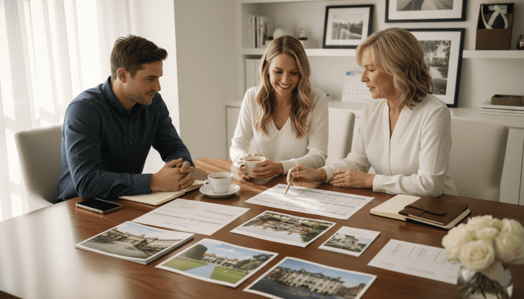 meeting between engaged couple and wedding planner in a professional office, discussing venue options and schedules, documents spread on conference table