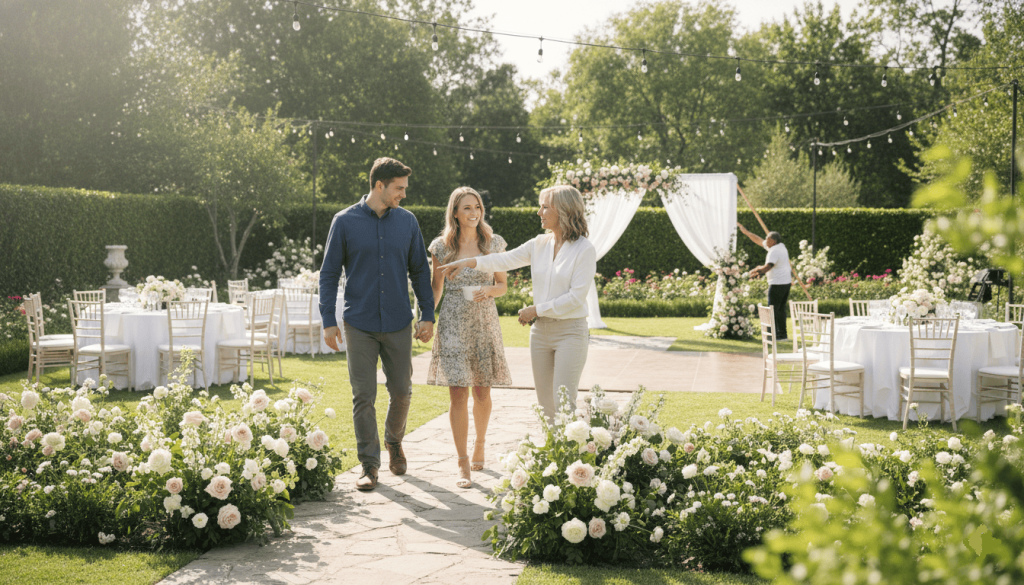 Outdoor wedding venue inspection, engaged couple walking through a decorated garden venue with event coordinator, realistic venue setup in progress, tables and floral arrangements