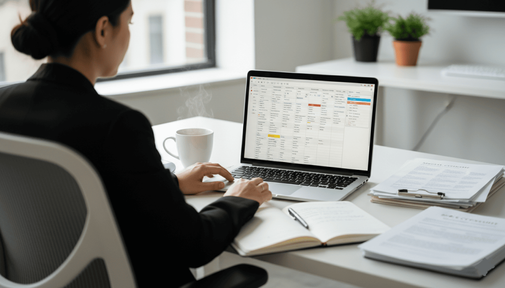 wedding planner working on a wedding timeline schedule on a laptop, detailed calendar software visible on screen, desk with notebook, coffee cup and printed wedding checklist