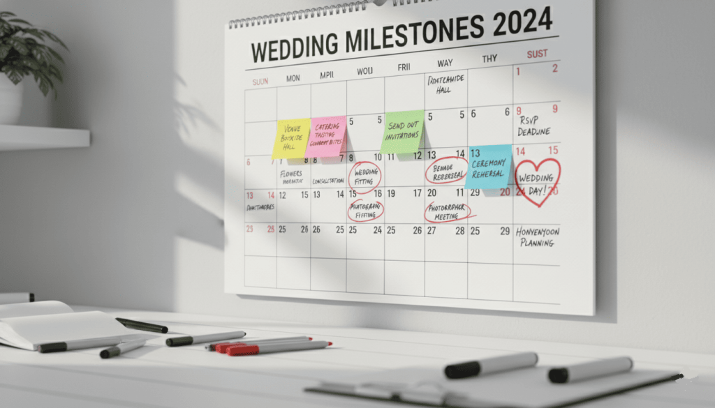 Large wall calendar covered with wedding planning notes, sticky notes marking venue booking, catering, invitations and ceremony milestones