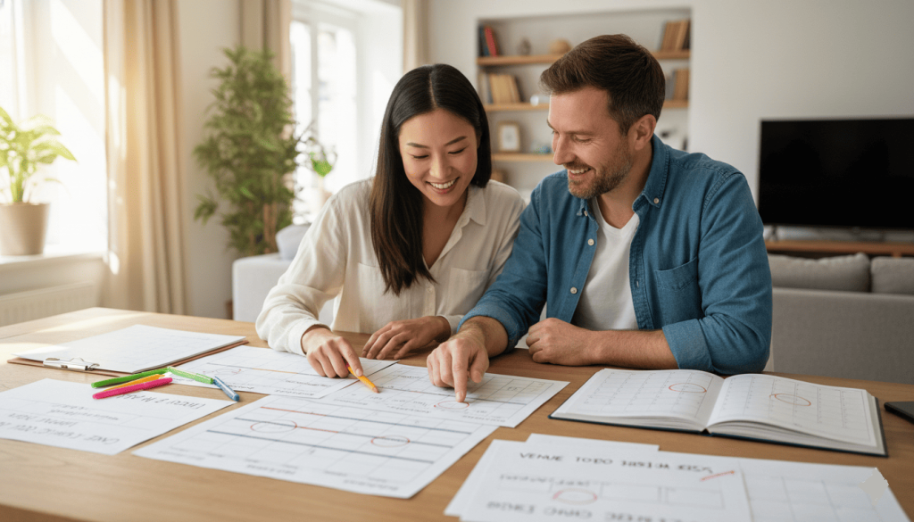 Engaged couple sitting at a dining table discussing wedding planning timeline, printed schedules, pens and calendars spread out