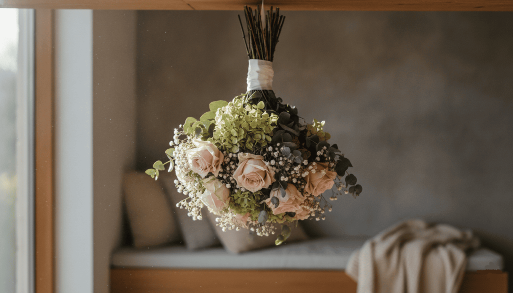 wedding bouquet hanging upside down to dry in a bright room, preserved flowers process, natural sunlight through window, home interior