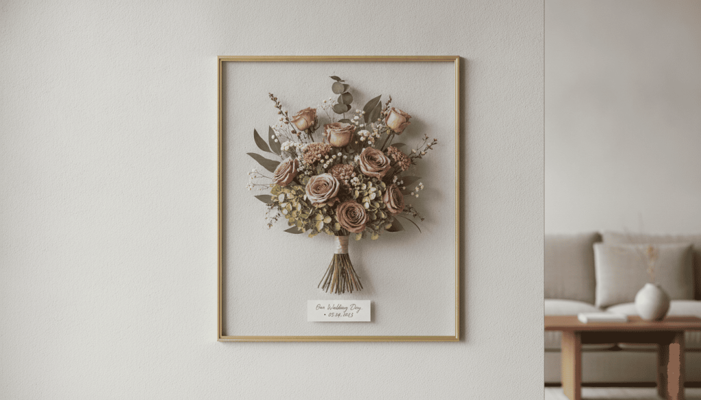 wedding bouquet displayed inside a glass frame on a living room wall, elegant home decor