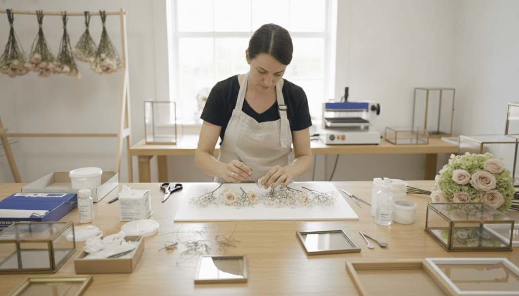 Professional floral preservation studio, specialist carefully arranging wedding bouquet flowers for preservation, worktable with preservation materials