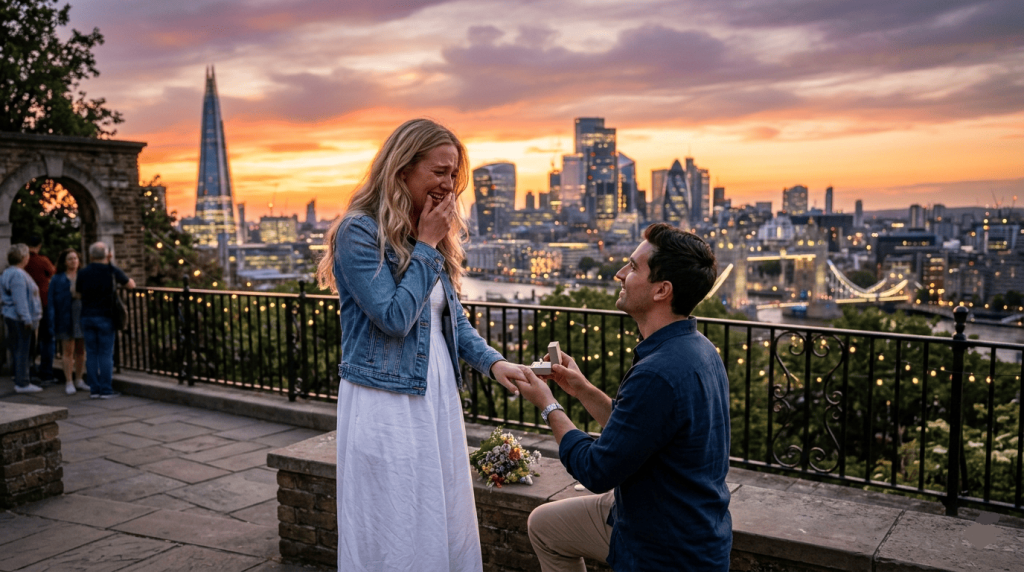 marriage proposal at sunset overlooking a city skyline, one partner kneeling while presenting an engagement ring, genuine emotions