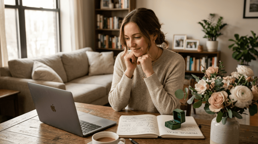 person planning a marriage proposal at home, notebook with ideas, laptop, engagement ring box, flowers, thoughtful atmosphere