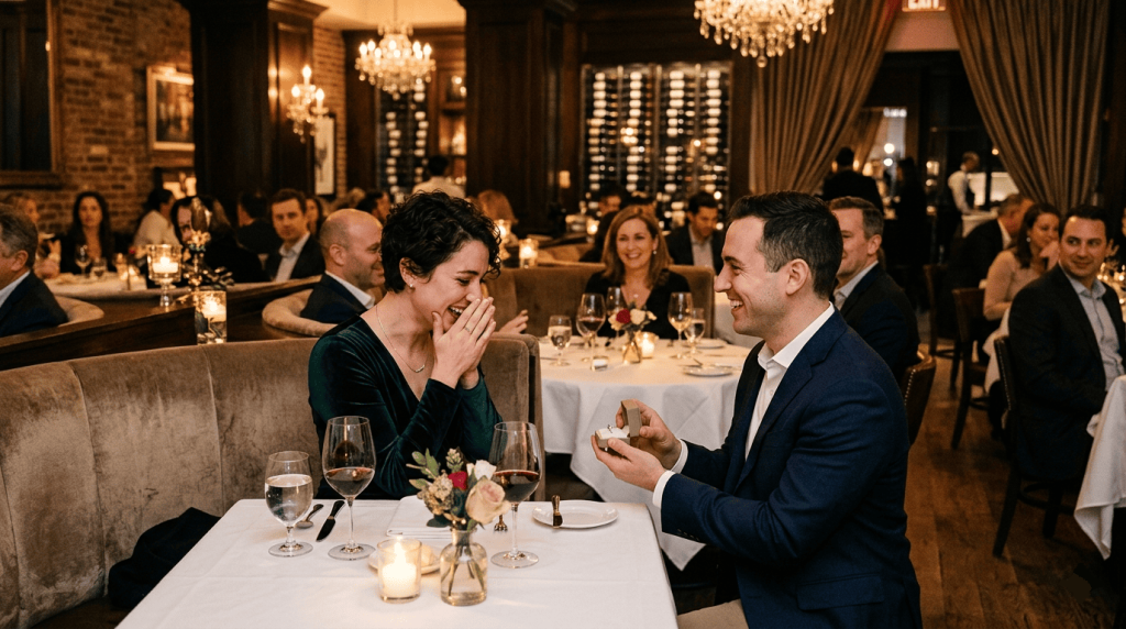 upscale restaurant proposal scene, partner surprised during dinner, elegant environment, other diners visible in background