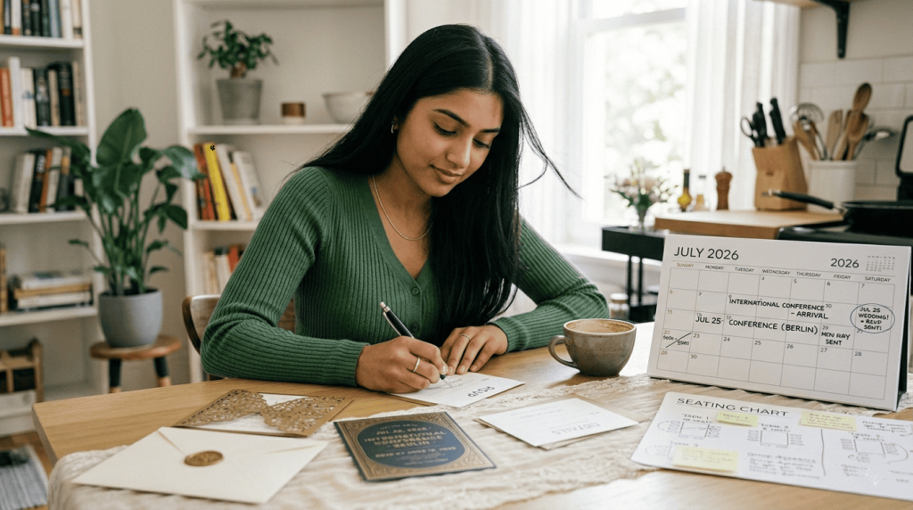 young South Asian woman with long straight black hair sitting at a kitchen table completing a wedding RSVP card, elegant invitation suite spread out nearby