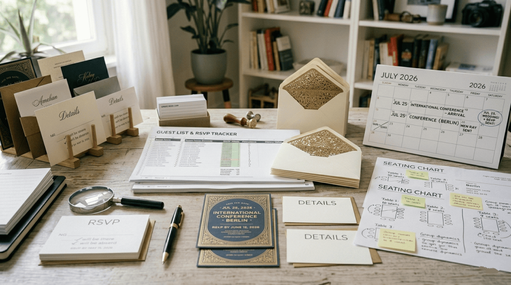 wedding planning studio workspace featuring invitation samples, envelopes, RSVP cards, stationery tools, guest management materials