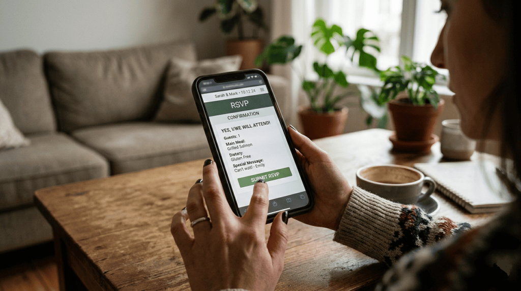 guest submitting an online wedding RSVP on a smartphone, realistic wedding website interface without identifiable branding, hand interacting with the confirmation screen