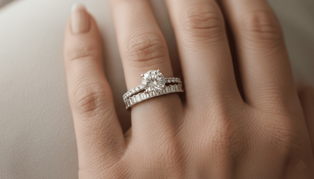 woman's hand wearing both an engagement ring and wedding band, elegant natural pose, realistic diamond reflections