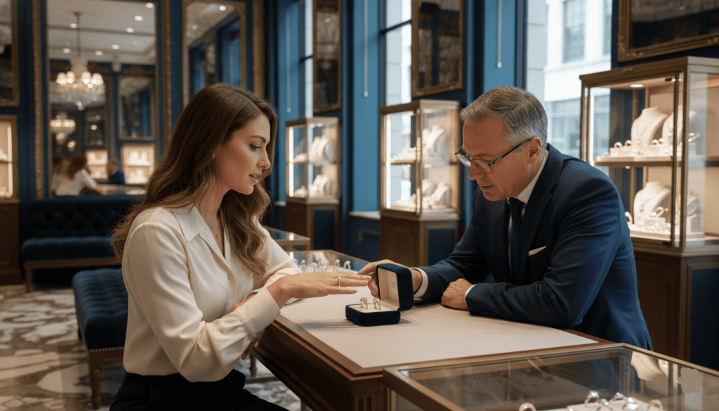 jewelry store interior, customer consulting with a jeweler about wedding and engagement rings, elegant display cases