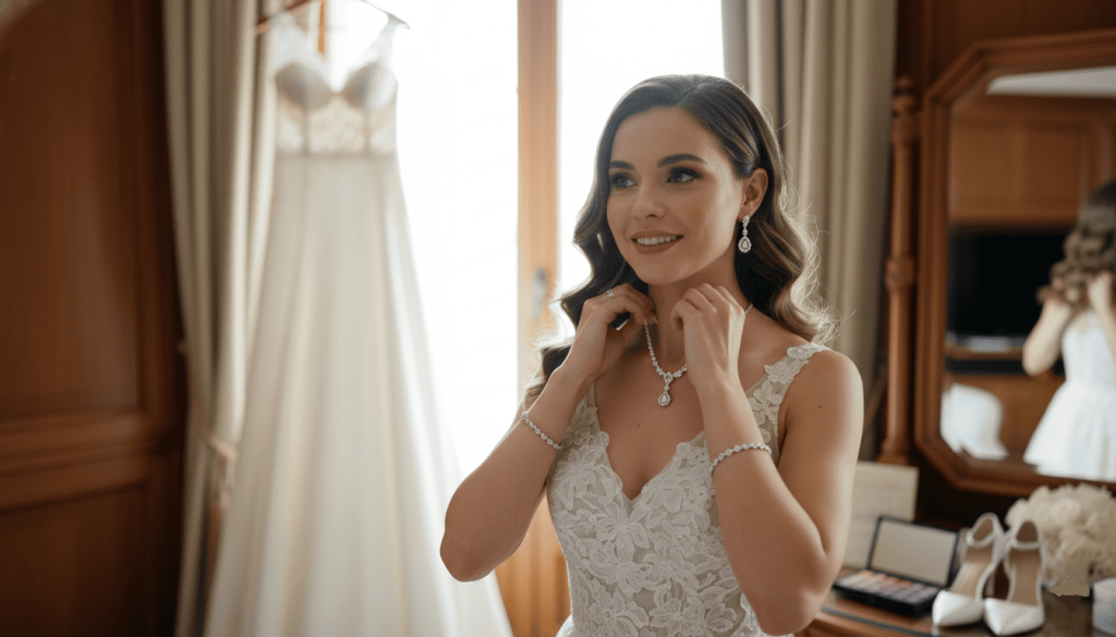 wedding morning preparation scene, bride adjusting jewelry before ceremony, wedding dress visible in background