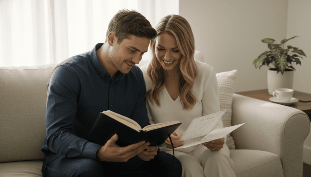 Engaged couple sitting together on a couch reviewing wedding vows, notebooks and printed pages in hand, intimate and authentic moment
