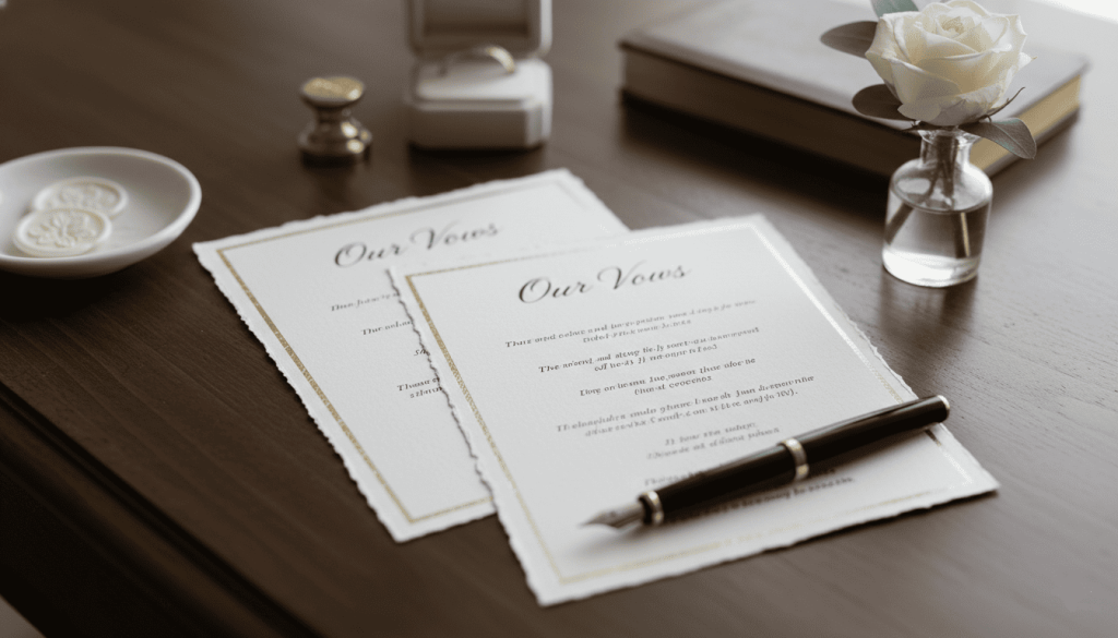 printed wedding vows on elegant stationery paper, fountain pen beside document