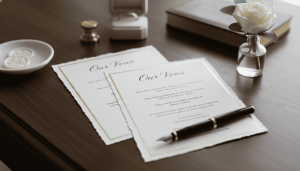 printed wedding vows on elegant stationery paper, fountain pen beside document
