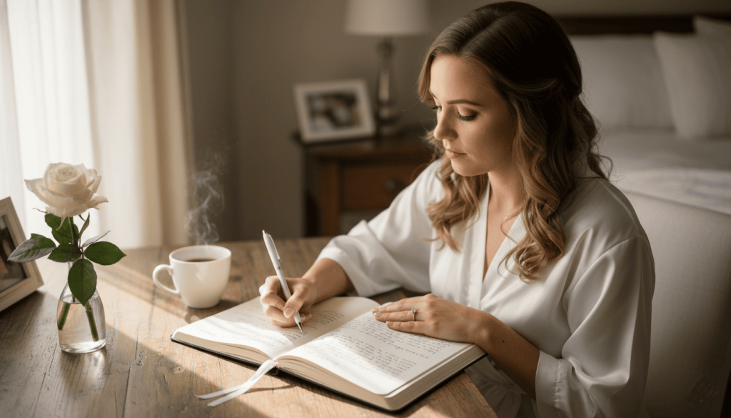 Bride writing wedding vows by hand in a notebook at a wooden desk, soft morning light through window, coffee cup nearby