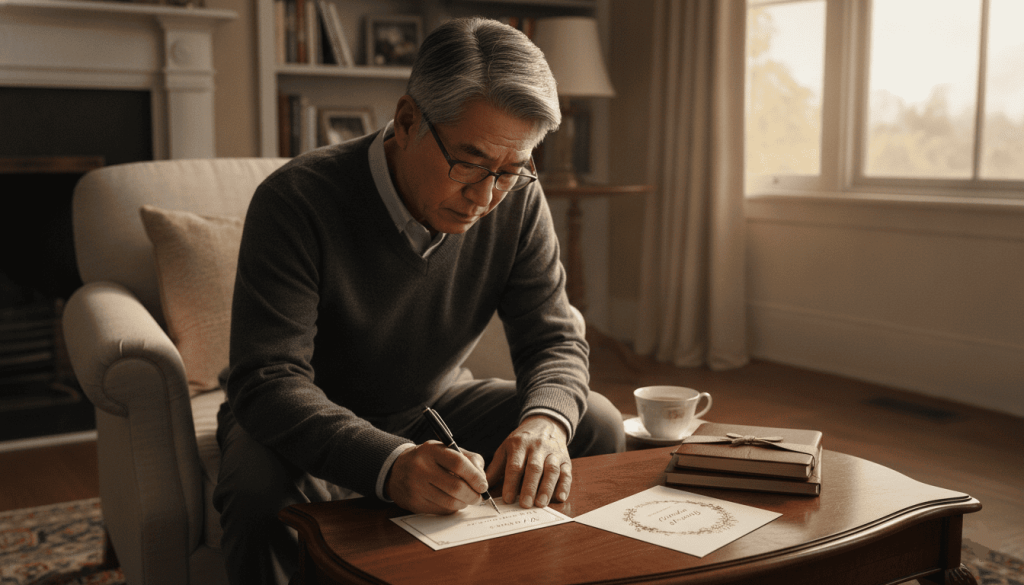 East Asian man with short gray hair sitting in a comfortable living room, thoughtfully writing a polite wedding response card, expression conveying regret and sincerity
